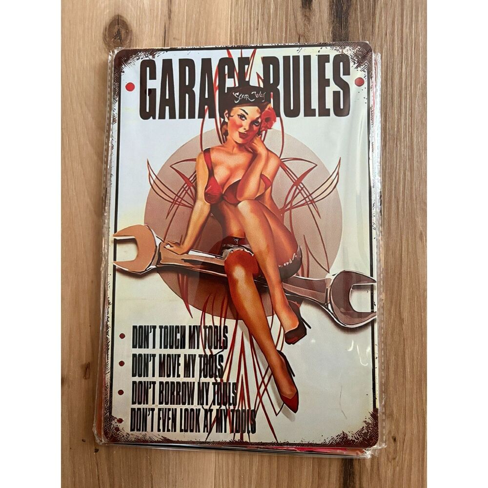Pinup "Garage Rules - Don't Touch My Tools" Metal Sign – Great Workshop Decor!